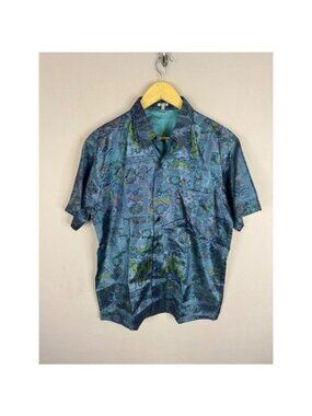 Vintage Thai Silk Mens M Teal Blue Geometric Paisley Short Sleeve Button Shirt